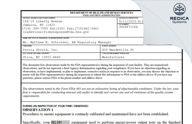 FDA 483 - Psoria Shield, Inc. [Utica / United States of America] - Download PDF - Redica Systems