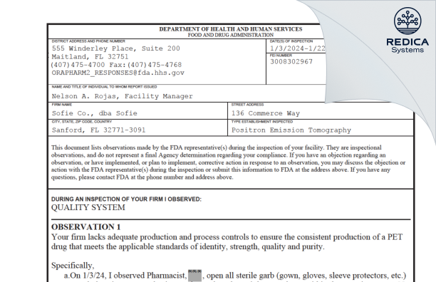 FDA 483 - SOFIE Co. dba SOFIE [Sanford / United States of America] - Download PDF - Redica Systems