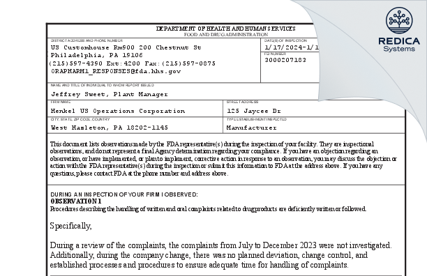 FDA 483 - Henkel US Operations Corporation [West Hazleton Pennsylvania / United States of America] - Download PDF - Redica Systems