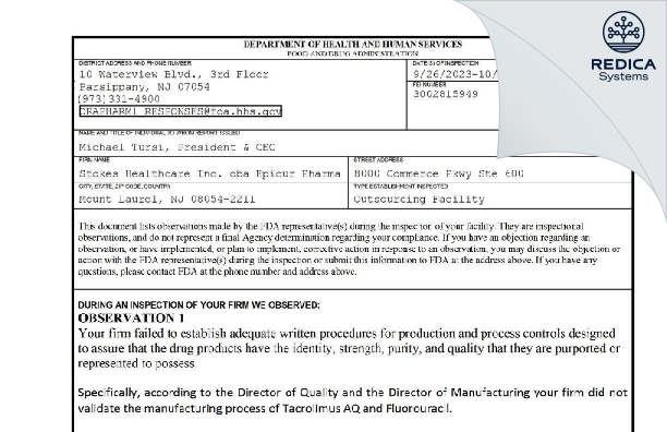 FDA 483 - Stokes Healthcare Inc. dba Epicur Pharma [Mount Laurel / United States of America] - Download PDF - Redica Systems