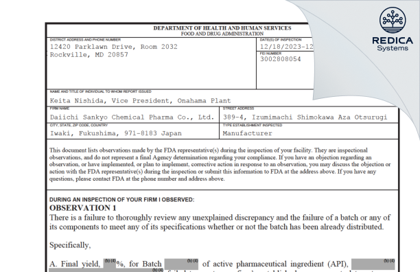 FDA 483 - Daiichi Sankyo Chemical Pharma Co., Ltd. [Iwaki / Japan] - Download PDF - Redica Systems