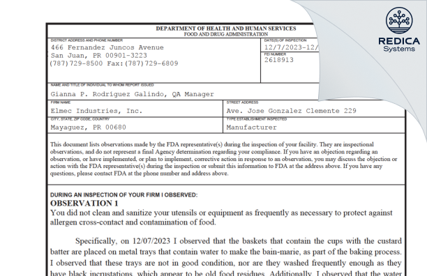 FDA 483 - Elmec Industries, Inc. [Mayaguez / United States of America] - Download PDF - Redica Systems