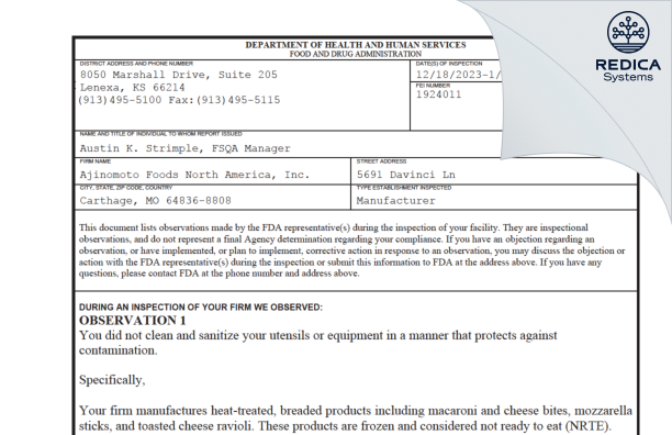 FDA 483 - Ajinomoto Foods North America, Inc. [Carthage / United States of America] - Download PDF - Redica Systems