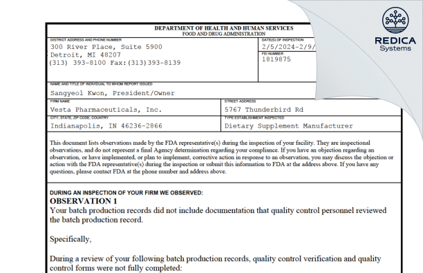 FDA 483 - Vesta Pharmaceuticals, Inc. [Indianapolis / United States of America] - Download PDF - Redica Systems