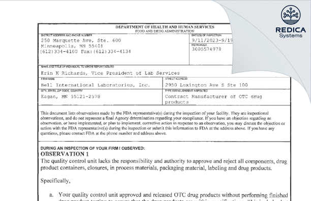 FDA 483 - Bell International Laboratories, Inc [Eagan / United States of America] - Download PDF - Redica Systems