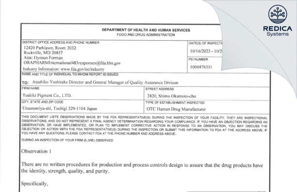 FDA 483 - Toshiki Pigment Company Limited [Utsunomiya-Shi / Japan] - Download PDF - Redica Systems