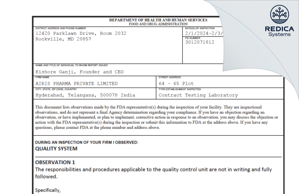 FDA 483 - AIRIS PHARMA PRIVATE LIMITED [India / India] - Download PDF - Redica Systems