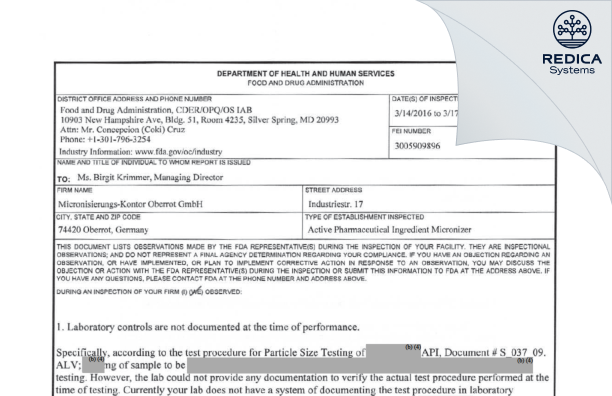 FDA 483 - Micronisierungs-Kontor Oberrot GmbH [Oberrot / Germany] - Download PDF - Redica Systems