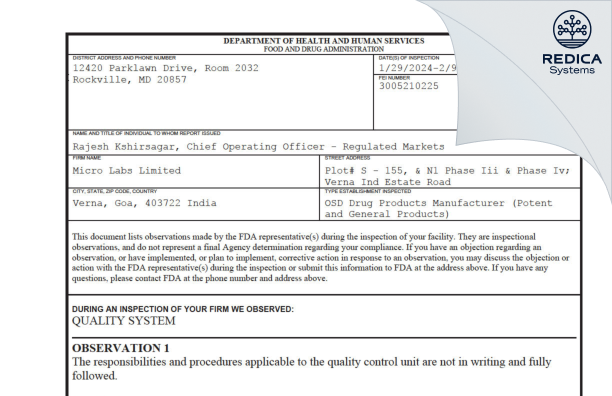 FDA 483 - Micro Labs Limited [India / India] - Download PDF - Redica Systems