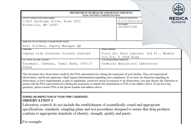 FDA 483 - CI,STATE,ZPCODE COUNTRY [Module / India] - Download PDF - Redica Systems