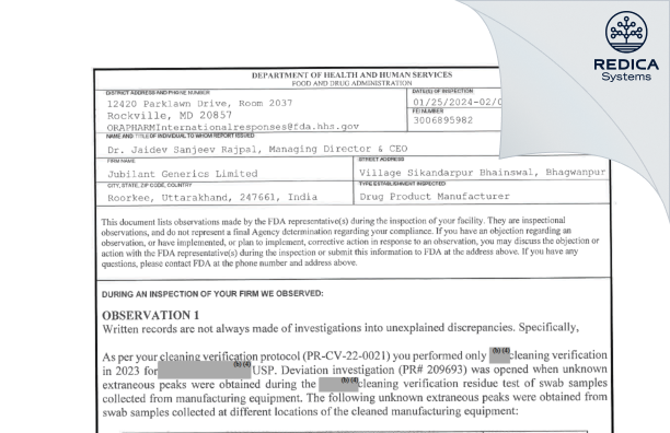 FDA 483 - Jubilant Generics Limited [India / India] - Download PDF - Redica Systems