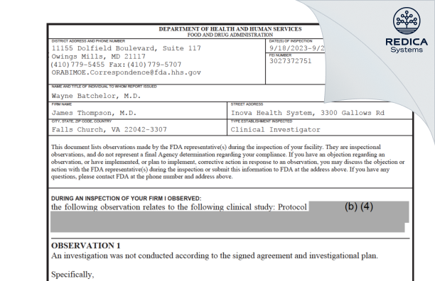 FDA 483 - James Thompson, M.D. [Falls Church / United States of America] - Download PDF - Redica Systems