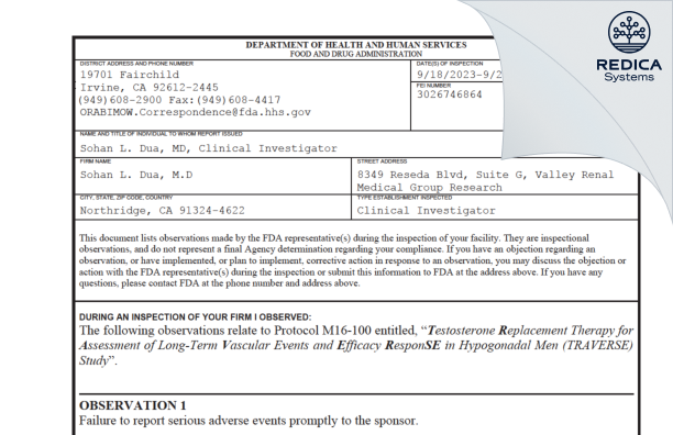 FDA 483 - Sohan L. Dua, M.D [Northridge / United States of America] - Download PDF - Redica Systems