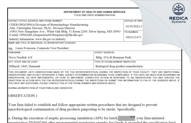 FDA 483 - Novo Nordisk A/S - 25a-B [Hilleroed / Denmark] - Download PDF - Redica Systems