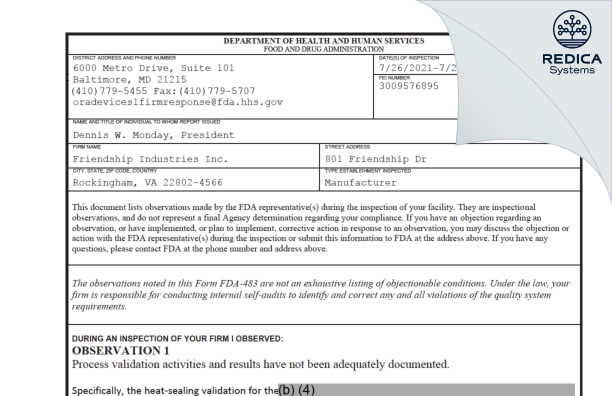 FDA 483 - Friendship Industries Inc. [Rockingham / United States of America] - Download PDF - Redica Systems