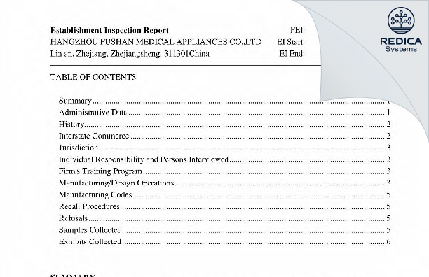 EIR - HANGZHOU FUSHAN MEDICAL APPLIANCES CO.,LTD [Hangzhou / China] - Download PDF - Redica Systems