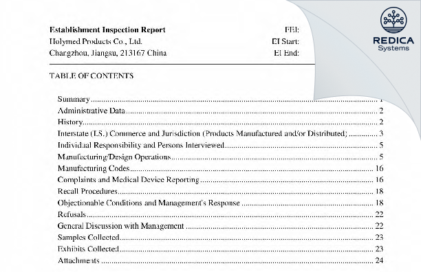 EIR - Holymed Products Co., Ltd. [Changzhou / China] - Download PDF - Redica Systems