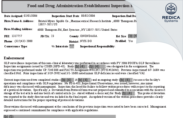 EIR - Bristol-Myers Squibb Company [East Syracuse New York / United States of America] - Download PDF - Redica Systems