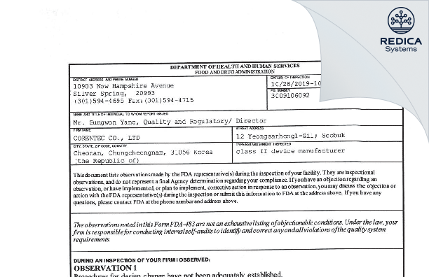 FDA 483 - CORENTEC CO., LTD [- / -] - Download PDF - Redica Systems