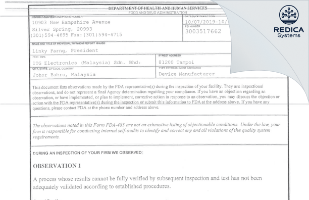 FDA 483 - ITG Electronics (Malaysia) Sdn Bhd [Johor Bahru / Malaysia] - Download PDF - Redica Systems