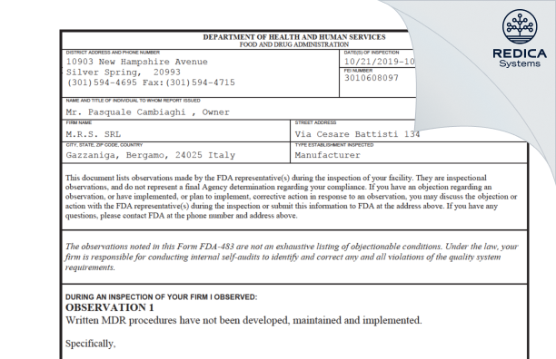 FDA 483 - M.R.S. SRL [Gazzaniga / Italy] - Download PDF - Redica Systems