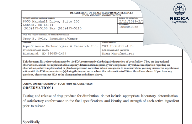 FDA 483 - Aquascience Technologies & Research, Inc [Richmond / United States of America] - Download PDF - Redica Systems