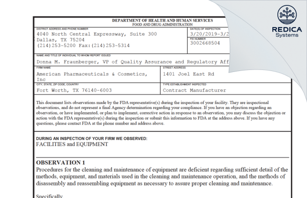 FDA 483 - Ampharmco, LLC [Fort Worth / United States of America] - Download PDF - Redica Systems