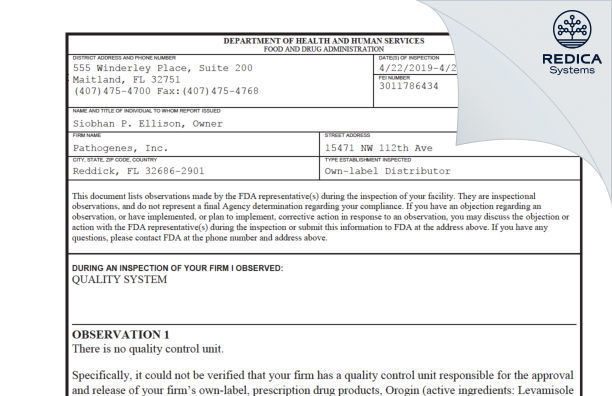 FDA 483 - Pathogenes, Inc. [Reddick / United States of America] - Download PDF - Redica Systems