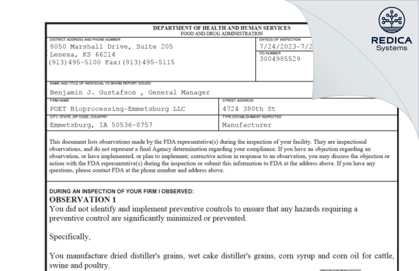 FDA 483 - POET Bioprocessing-Emmetsburg LLC [Emmetsburg / United States of America] - Download PDF - Redica Systems