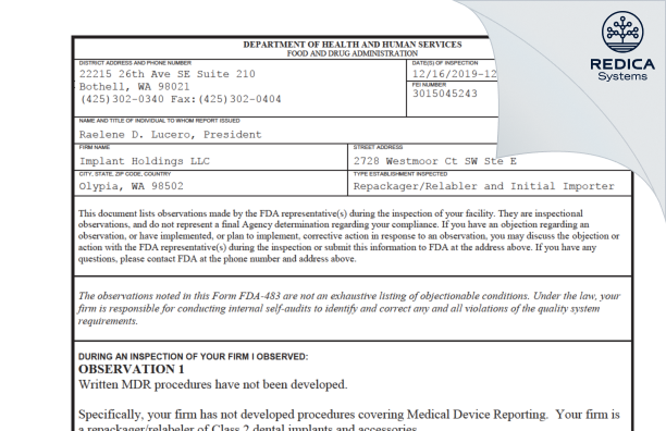 FDA 483 - Implant Holdings LLC [Olympia / United States of America] - Download PDF - Redica Systems