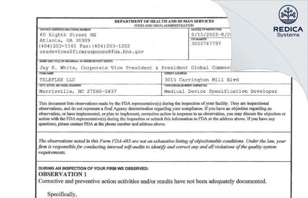 FDA 483 - TELEFLEX LLC [Morrisville / United States of America] - Download PDF - Redica Systems