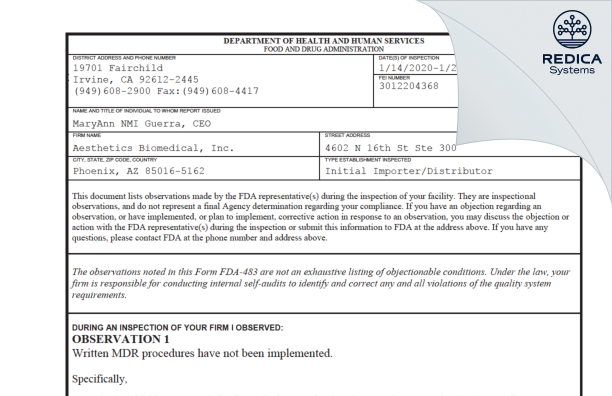 FDA 483 - Aesthetics Biomedical, Inc. [Phoenix / United States of America] - Download PDF - Redica Systems