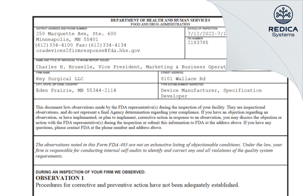 FDA 483 - Key Surgical LLC [Eden Prairie / United States of America] - Download PDF - Redica Systems
