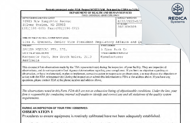 FDA 483 - SALUDA MEDICAL PTY. LTD. [Park / Australia] - Download PDF - Redica Systems