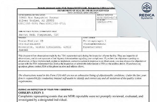 FDA 483 - Breas Medical AB [Härryda / Sweden] - Download PDF - Redica Systems