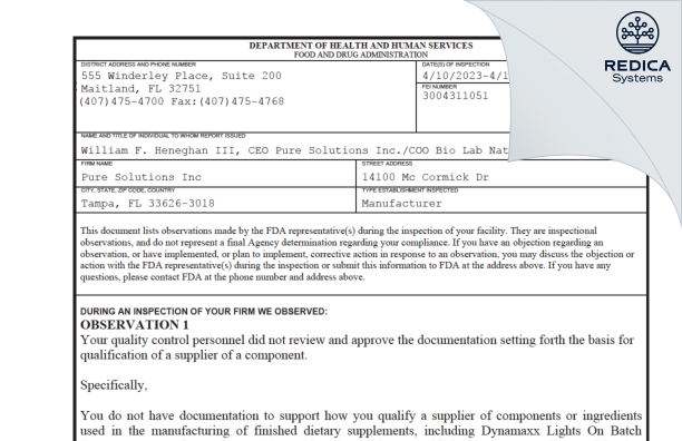 FDA 483 - Pure Solutions Inc [Tampa / United States of America] - Download PDF - Redica Systems