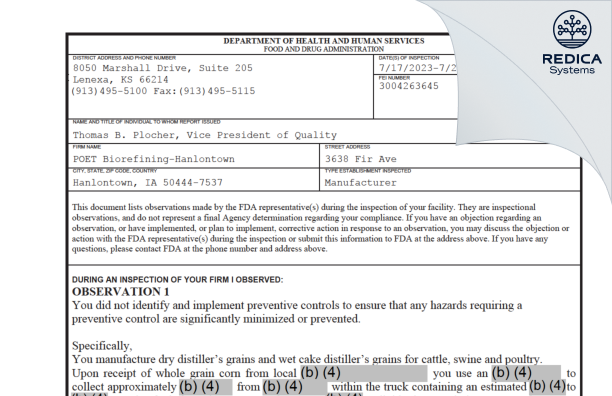 FDA 483 - POET Biorefining-Hanlontown [Hanlontown / United States of America] - Download PDF - Redica Systems