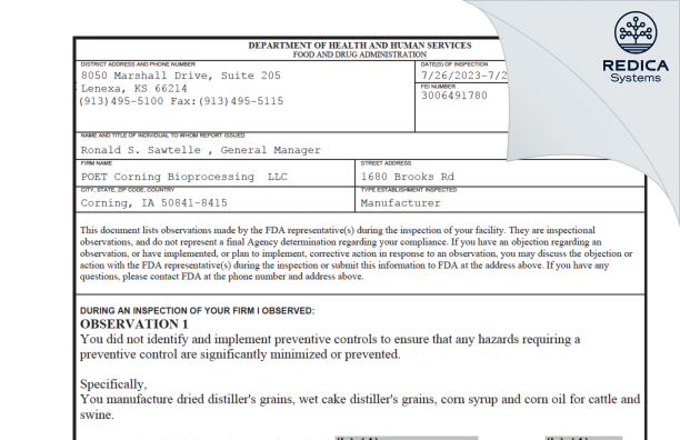 FDA 483 - POET Corning Bioprocessing LLC [Corning / United States of America] - Download PDF - Redica Systems