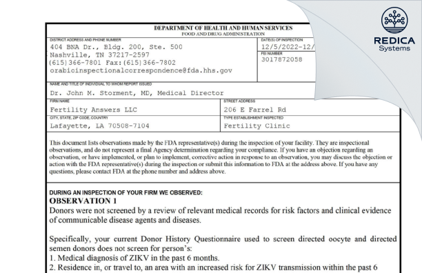 FDA 483 - Fertility Answers LLC [Lafayette / United States of America] - Download PDF - Redica Systems