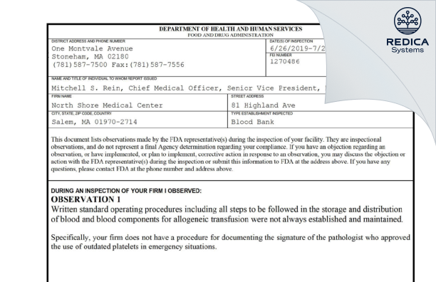 FDA 483 - North Shore Medical Center [Salem / United States of America] - Download PDF - Redica Systems