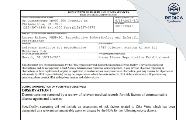 FDA 483 - Delaware Institute for Reproductive Medicine, P.A [Newark / United States of America] - Download PDF - Redica Systems