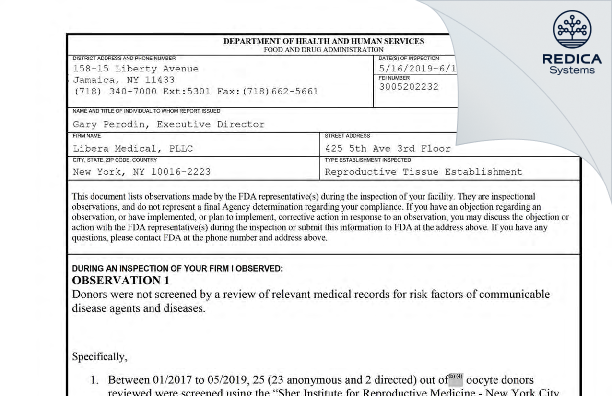 FDA 483 - Sher Fertility Solutions New York [New York / United States of America] - Download PDF - Redica Systems