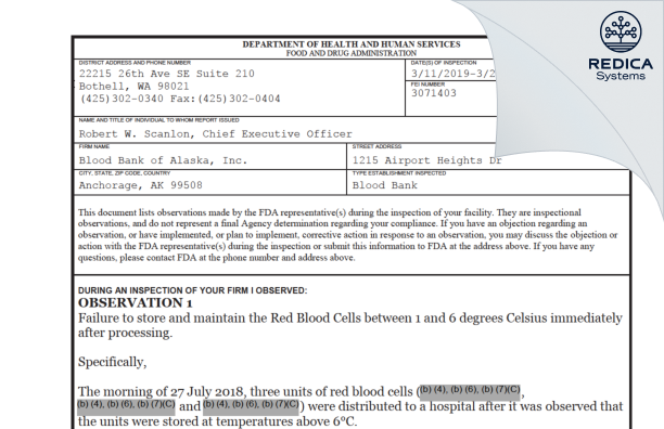 FDA 483 - Blood Bank of Alaska, Inc. [Anchorage / United States of America] - Download PDF - Redica Systems