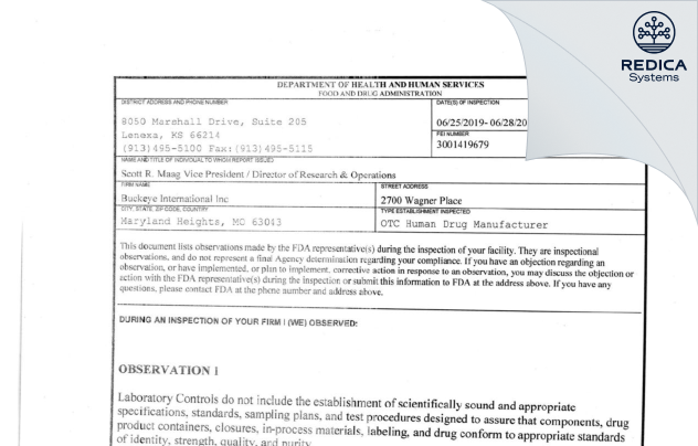 FDA 483 - Buckeye International, Inc. [Maryland Heights / United States of America] - Download PDF - Redica Systems