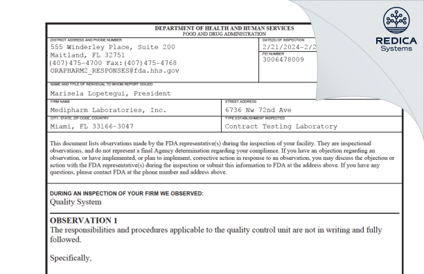 FDA 483 - Medipharm Laboratories, Inc [Florida / United States of America] - Download PDF - Redica Systems