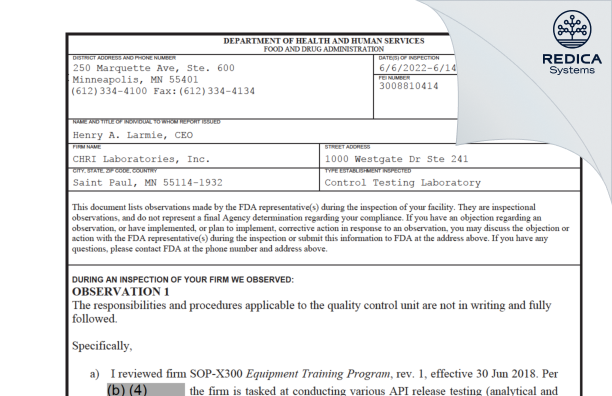 FDA 483 - ChRi Laboratories, Inc [St. Paul / United States of America] - Download PDF - Redica Systems
