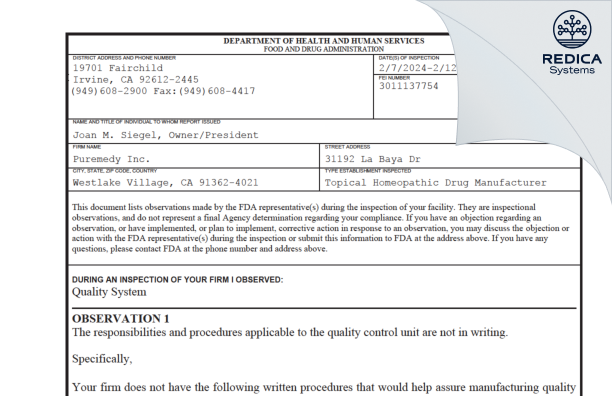 FDA 483 - PUREMEDY [Westlake Village California / United States of America] - Download PDF - Redica Systems