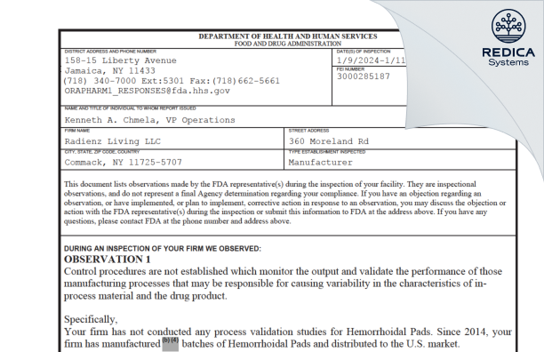 FDA 483 - Radienz Living,LLC [Commack New York / United States of America] - Download PDF - Redica Systems