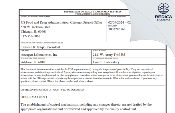 FDA 483 - Accugen Laboratories, Inc. [Addison / United States of America] - Download PDF - Redica Systems