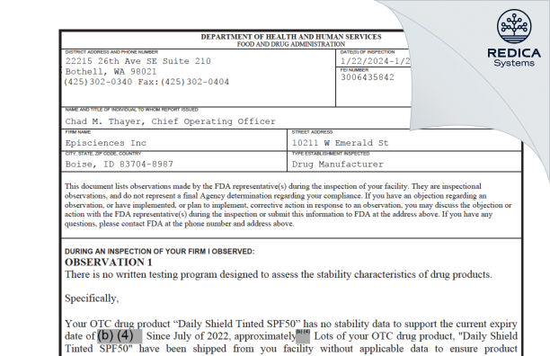 FDA 483 - Episciences, Inc. [Boise / United States of America] - Download PDF - Redica Systems